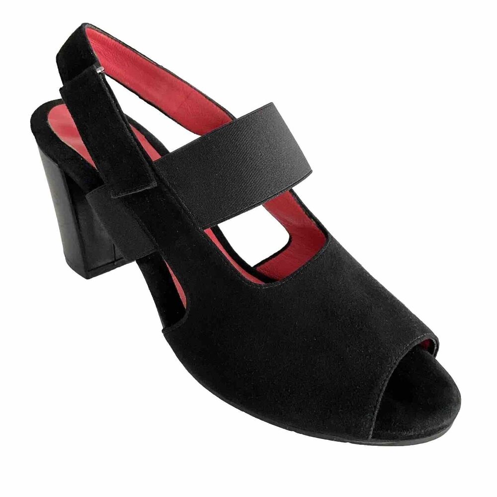 PAS DE ROUGE Suede Open-toe Block Heel Sandals Black 40